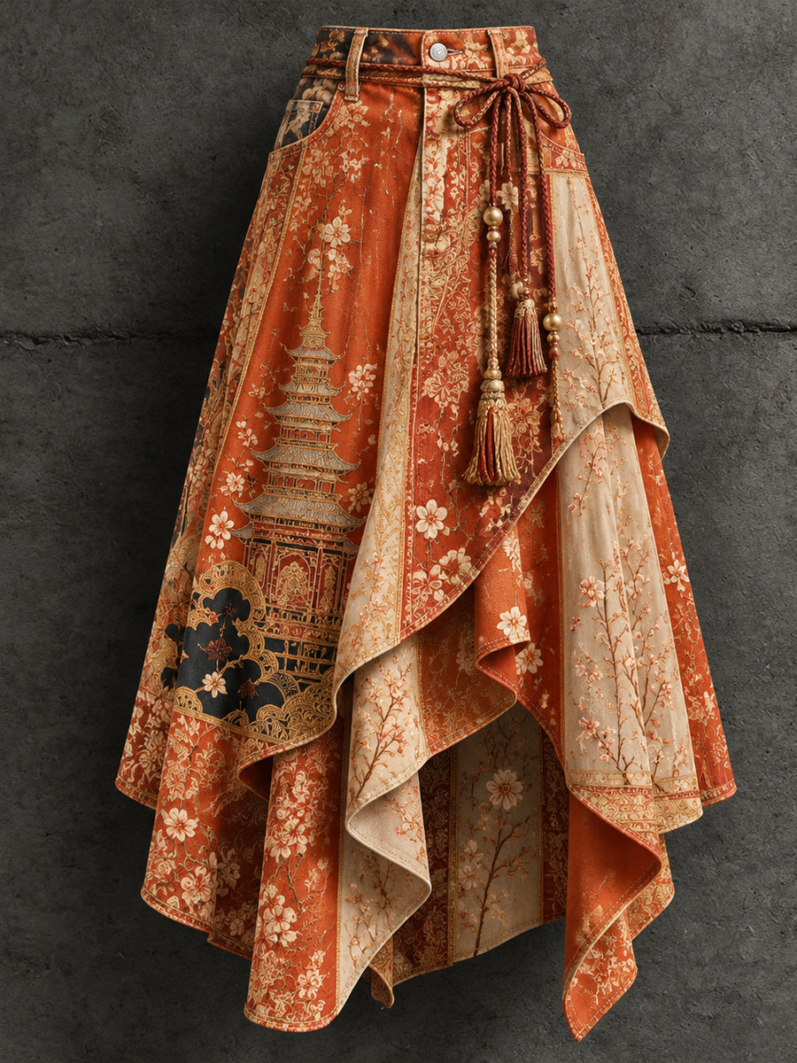 Women's Retro Style Art Print Irregularly Layered Stitched Skirt